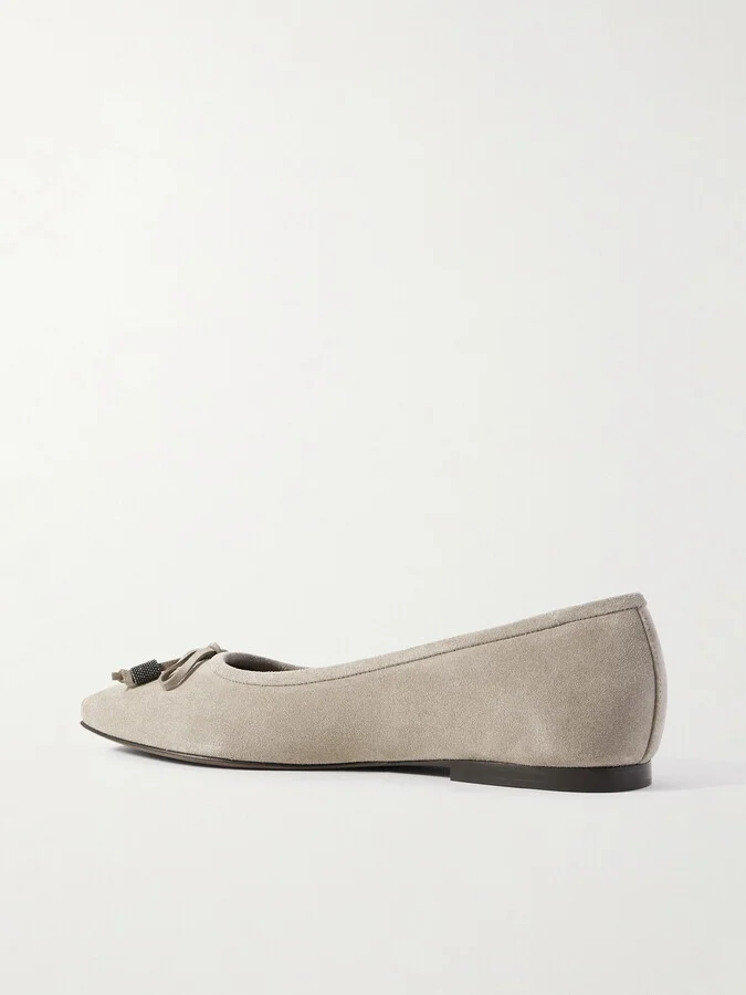 Brunello Cucinelli - Bead-embellished Suede Ballet Flats - Neutrals - Image 3