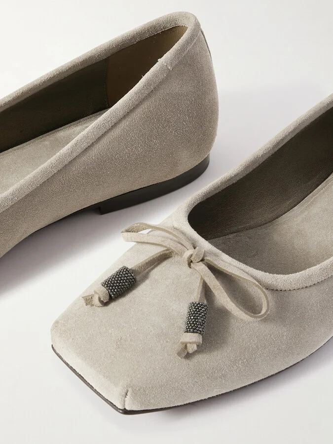 Brunello Cucinelli - Bead-embellished Suede Ballet Flats - Neutrals - Image 4
