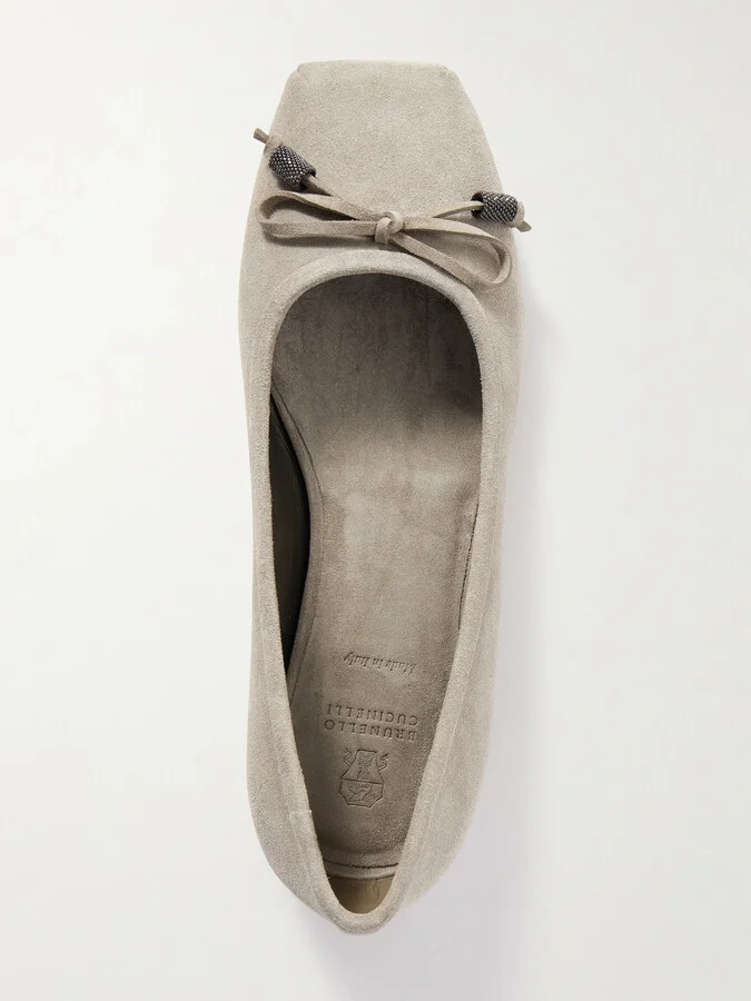 Brunello Cucinelli - Bead-embellished Suede Ballet Flats - Neutrals - Image 5