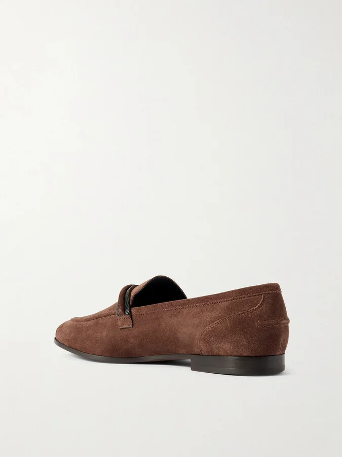 Brunello Cucinelli - Bead-embellished Suede Loafers - Burgundy - Image 3