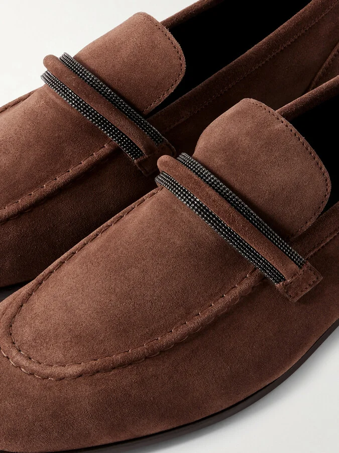 Brunello Cucinelli - Bead-embellished Suede Loafers - Burgundy - Image 4