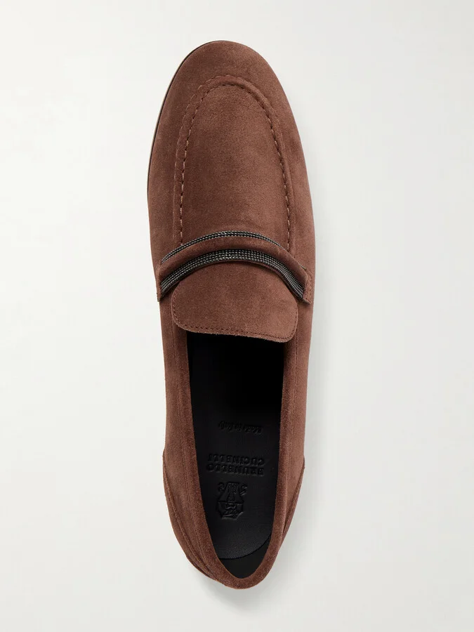 Brunello Cucinelli - Bead-embellished Suede Loafers - Burgundy - Image 5