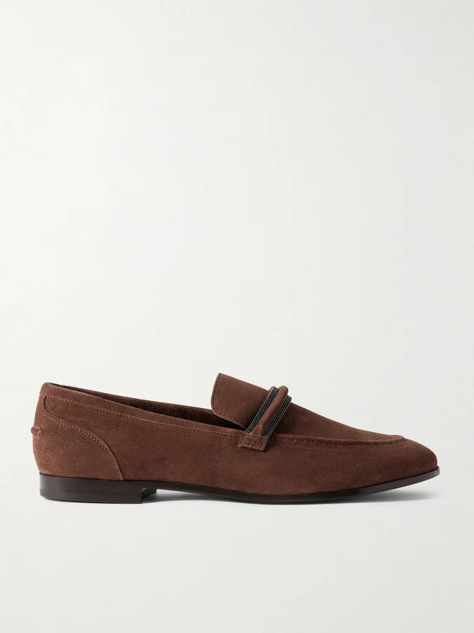 Brunello Cucinelli - Bead-embellished Suede Loafers - Burgundy