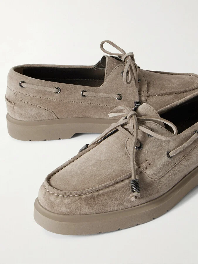 Brunello Cucinelli - Bead-embellished Suede Loafers - Gray - Image 4