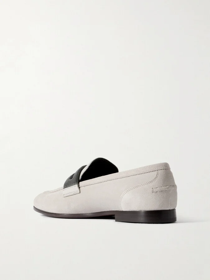 Brunello Cucinelli - Bead-embellished Suede Loafers - Gray - Image 3