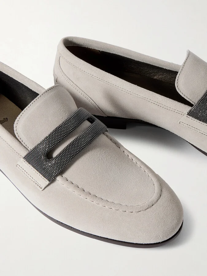 Brunello Cucinelli - Bead-embellished Suede Loafers - Gray - Image 4