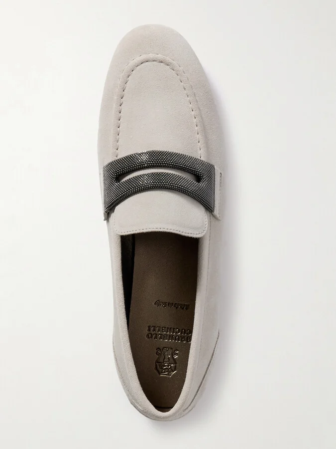 Brunello Cucinelli - Bead-embellished Suede Loafers - Gray - Image 5