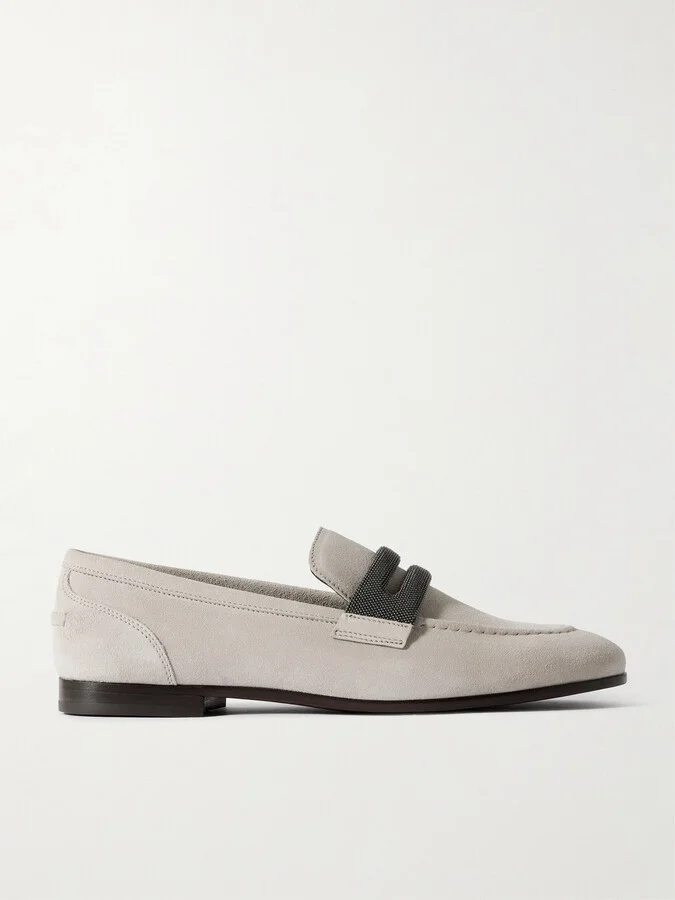 Brunello Cucinelli - Bead-embellished Suede Loafers - Gray