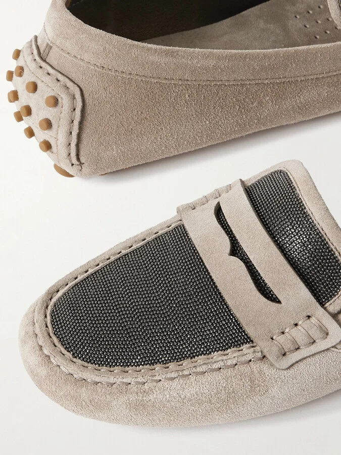 Brunello Cucinelli - Bead-embellished Suede Loafers - Neutrals - Image 4