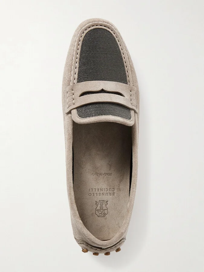 Brunello Cucinelli - Bead-embellished Suede Loafers - Neutrals - Image 5