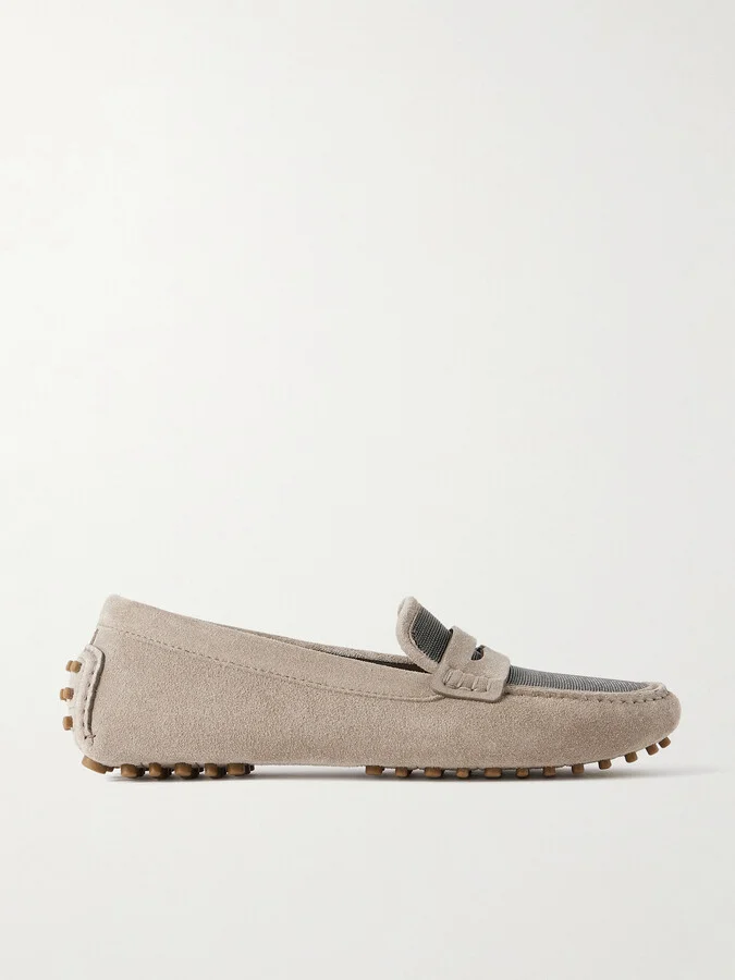 Brunello Cucinelli - Bead-embellished Suede Loafers - Neutrals