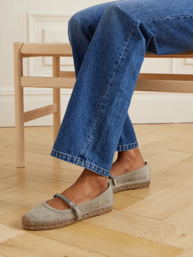 Brunello Cucinelli - Bead-embellished Suede Mary Jane Espadrille Flats - Brown - Image 2