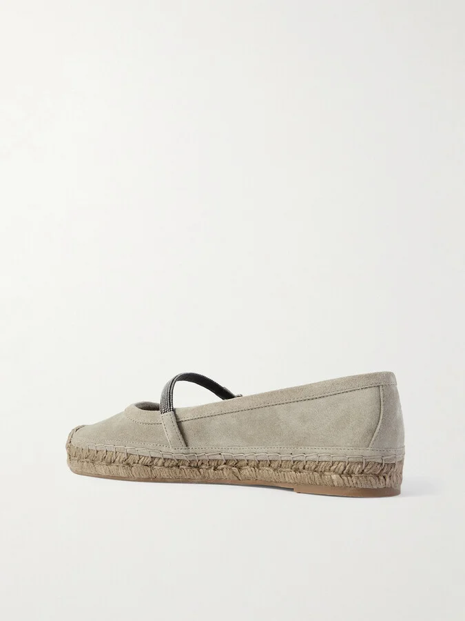 Brunello Cucinelli - Bead-embellished Suede Mary Jane Espadrille Flats - Brown - Image 3