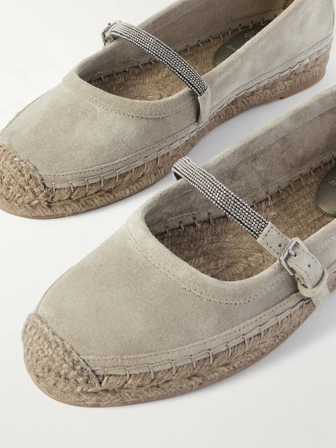 Brunello Cucinelli - Bead-embellished Suede Mary Jane Espadrille Flats - Brown - Image 4
