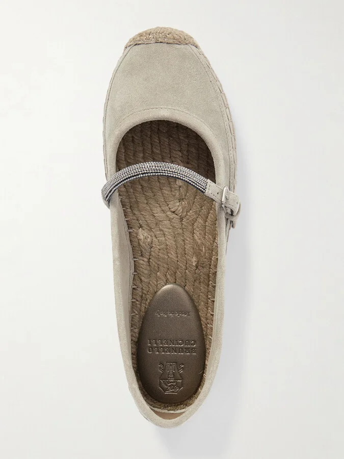Brunello Cucinelli - Bead-embellished Suede Mary Jane Espadrille Flats - Brown - Image 5