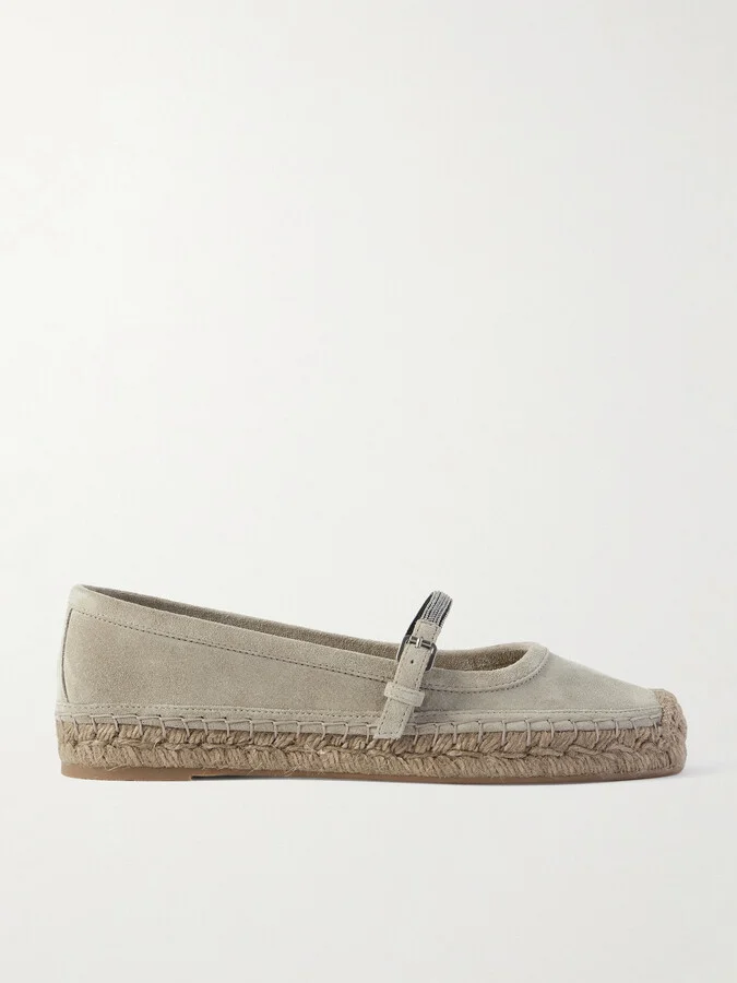 Brunello Cucinelli - Bead-embellished Suede Mary Jane Espadrille Flats - Brown