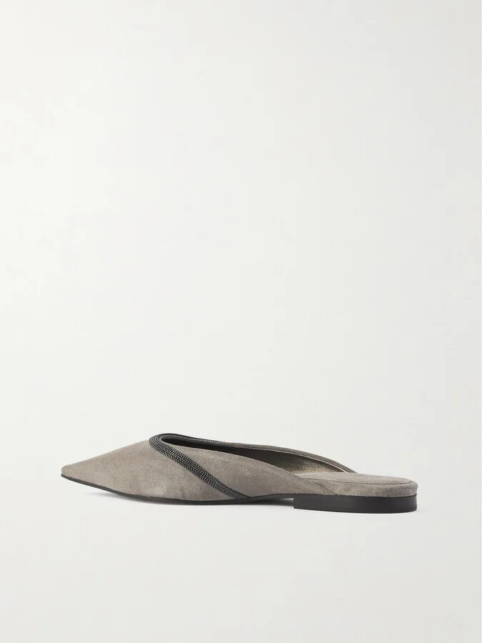 Brunello Cucinelli - Bead-embellished Suede Mules - Gray - Image 3