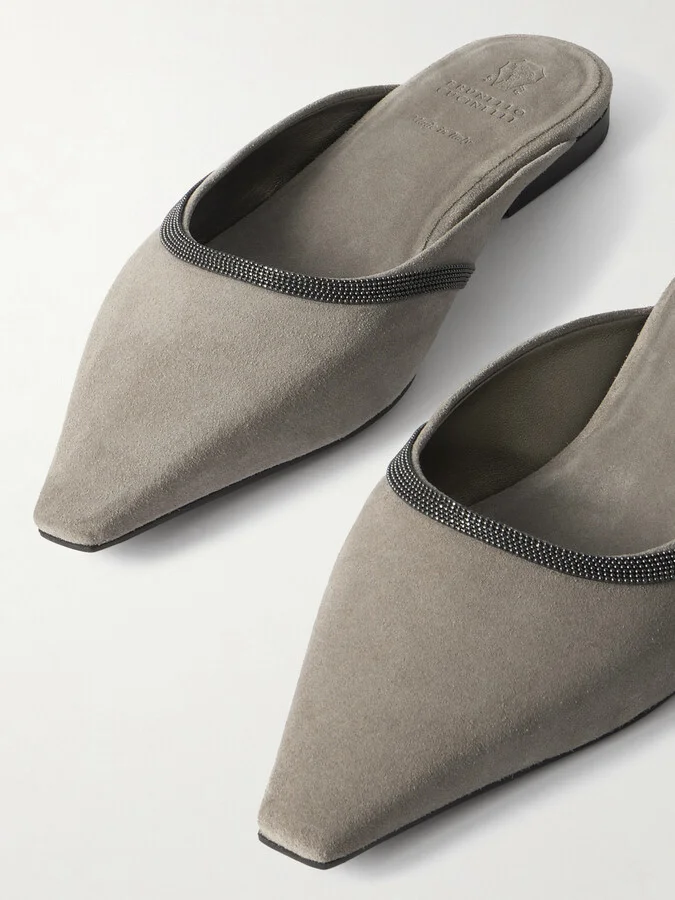 Brunello Cucinelli - Bead-embellished Suede Mules - Gray - Image 4