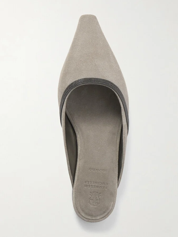Brunello Cucinelli - Bead-embellished Suede Mules - Gray - Image 5