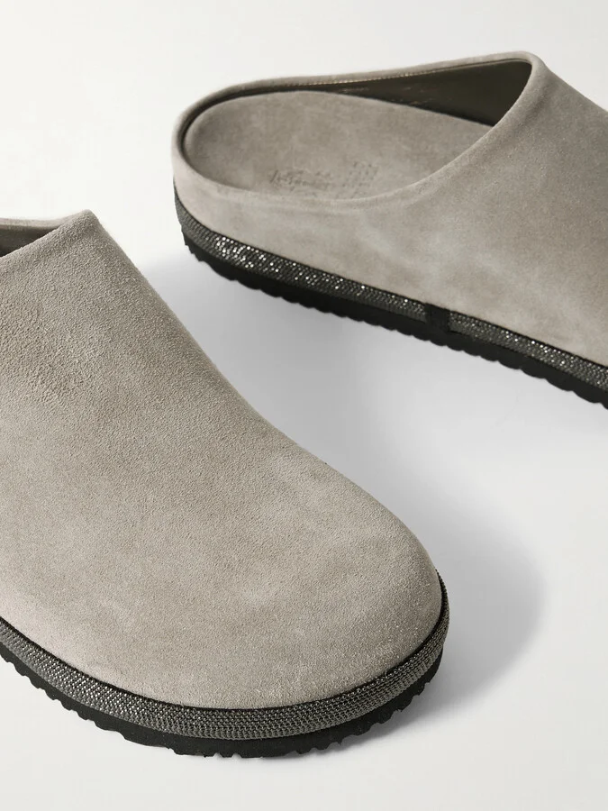Brunello Cucinelli - Bead-embellished Suede Mules - Gray - Image 4