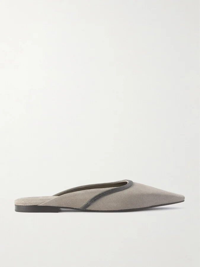 Brunello Cucinelli - Bead-embellished Suede Mules - Gray