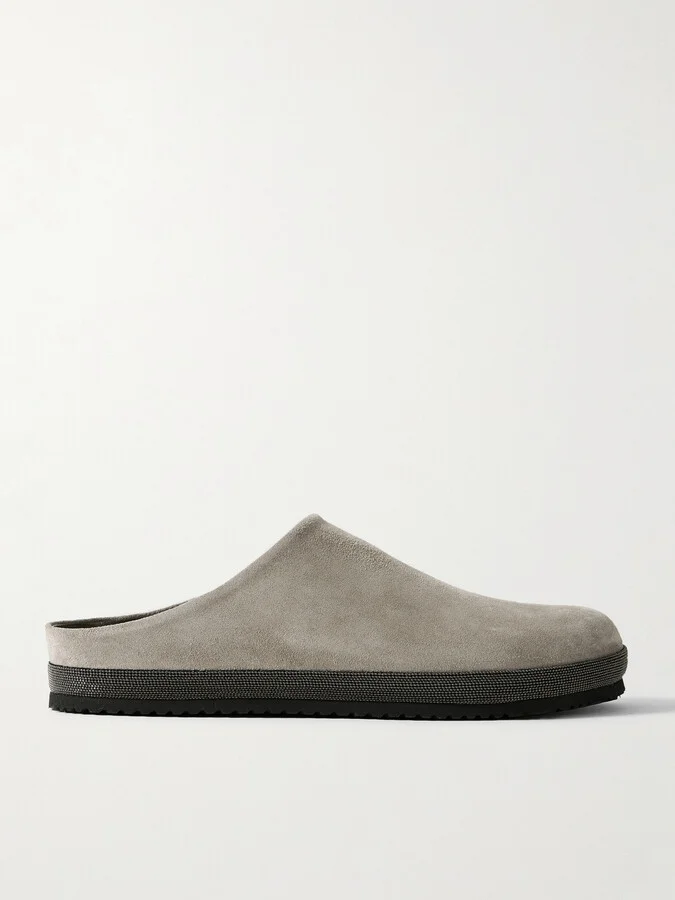 Brunello Cucinelli - Bead-embellished Suede Mules - Gray