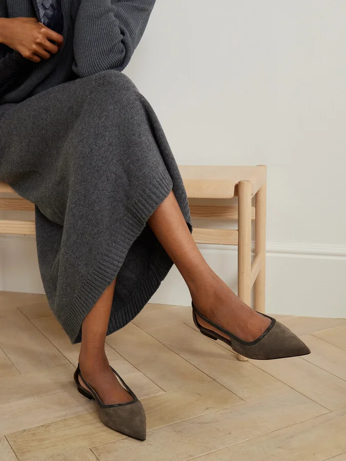 Brunello Cucinelli - Bead-embellished Suede Point-toe Flats - Gray - Image 2