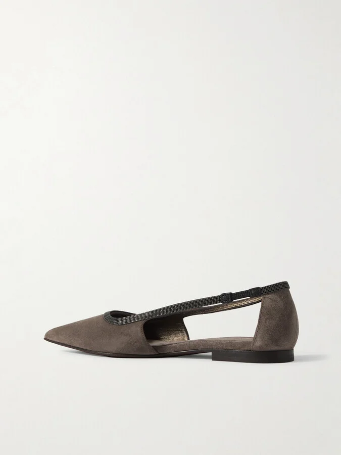 Brunello Cucinelli - Bead-embellished Suede Point-toe Flats - Gray - Image 3