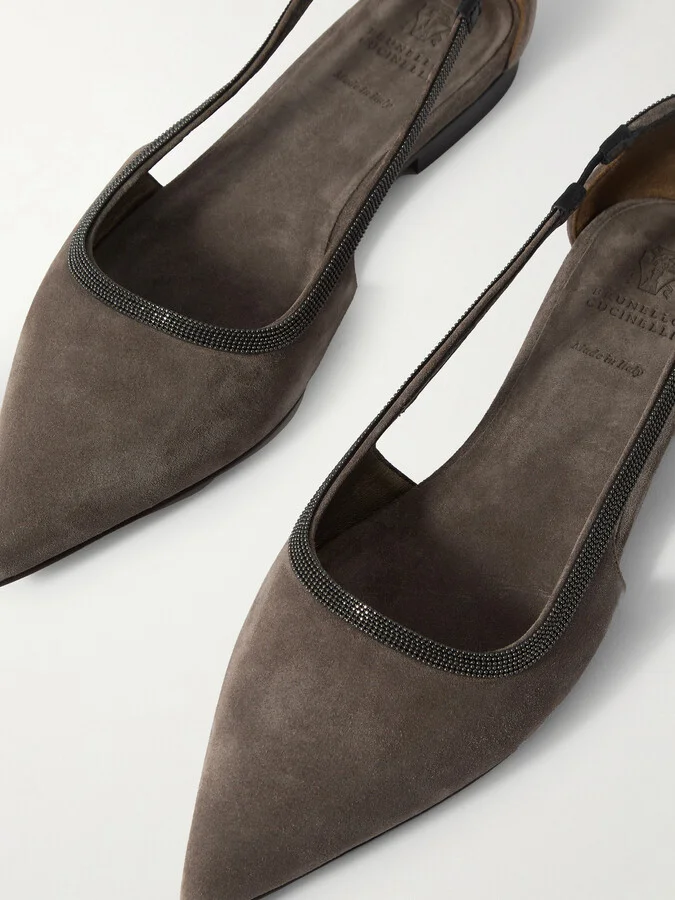 Brunello Cucinelli - Bead-embellished Suede Point-toe Flats - Gray - Image 4