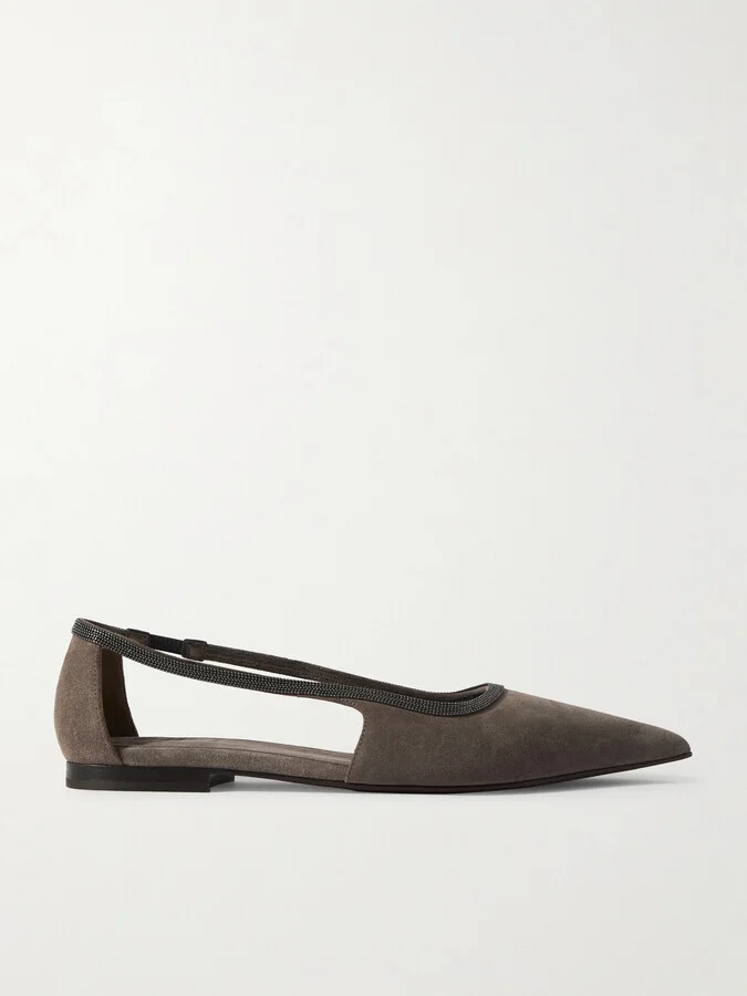 Brunello Cucinelli - Bead-embellished Suede Point-toe Flats - Gray