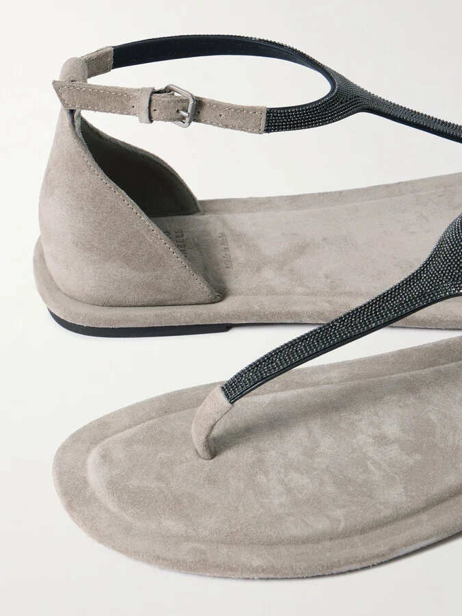 Brunello Cucinelli - Bead-embellished Suede Sandals - Brown - Image 4