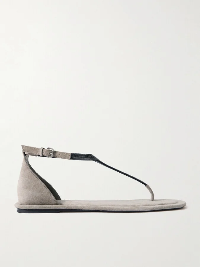 Brunello Cucinelli - Bead-embellished Suede Sandals - Brown