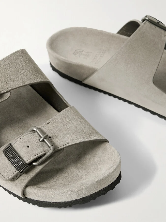 Brunello Cucinelli - Bead-embellished Suede Sandals - Gray - Image 4