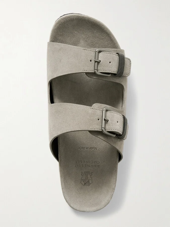 Brunello Cucinelli - Bead-embellished Suede Sandals - Gray - Image 5