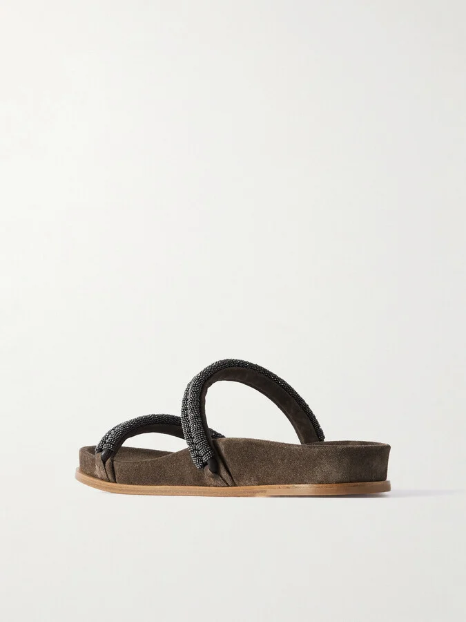 Brunello Cucinelli - Bead-embellished Suede Slides - Brown - Image 3