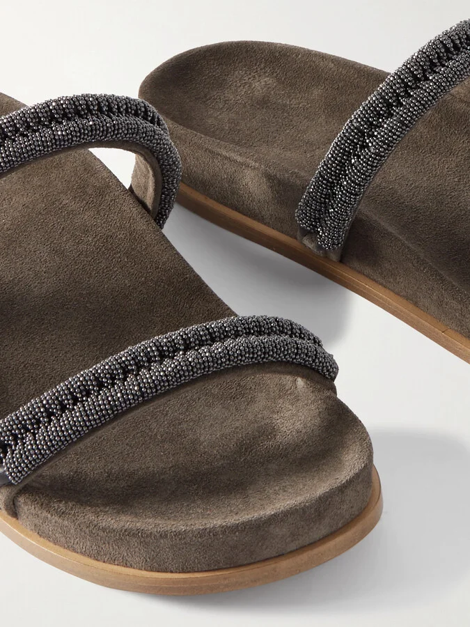 Brunello Cucinelli - Bead-embellished Suede Slides - Brown - Image 4