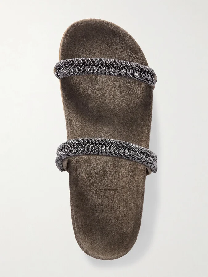 Brunello Cucinelli - Bead-embellished Suede Slides - Brown - Image 5