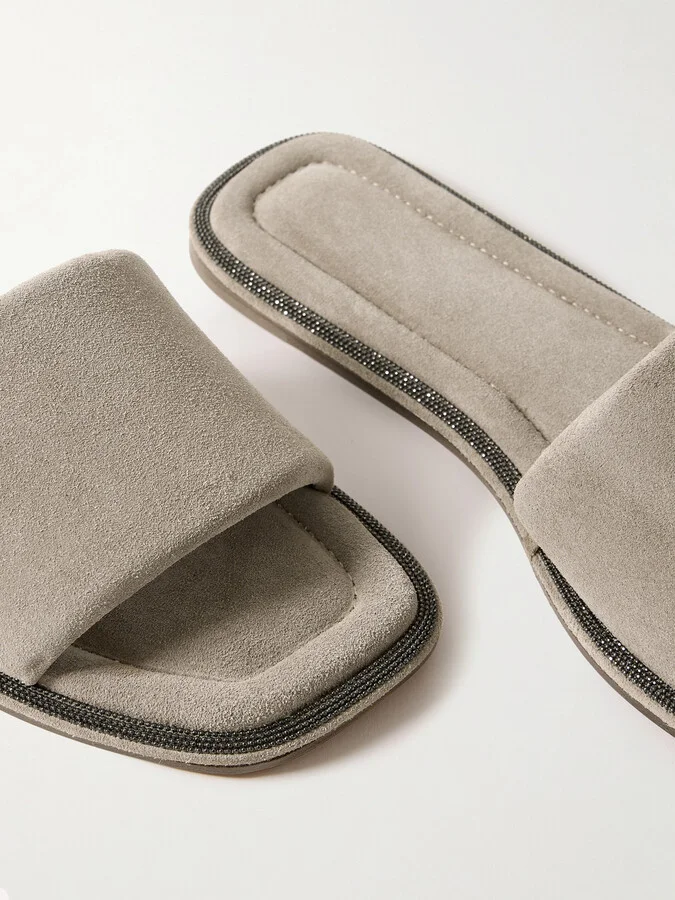 Brunello Cucinelli - Bead-embellished Suede Slides - Brown - Image 4