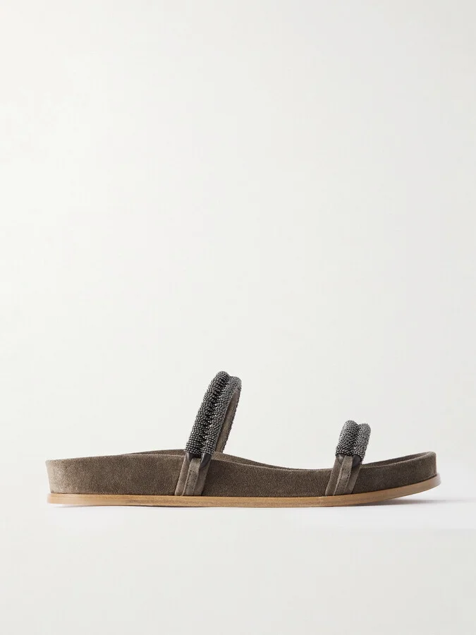 Brunello Cucinelli - Bead-embellished Suede Slides - Brown