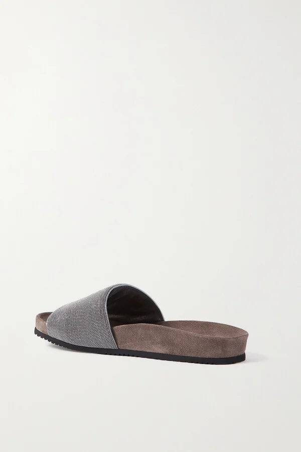 Brunello Cucinelli - Bead-embellished Suede Slides - Gray - Image 3