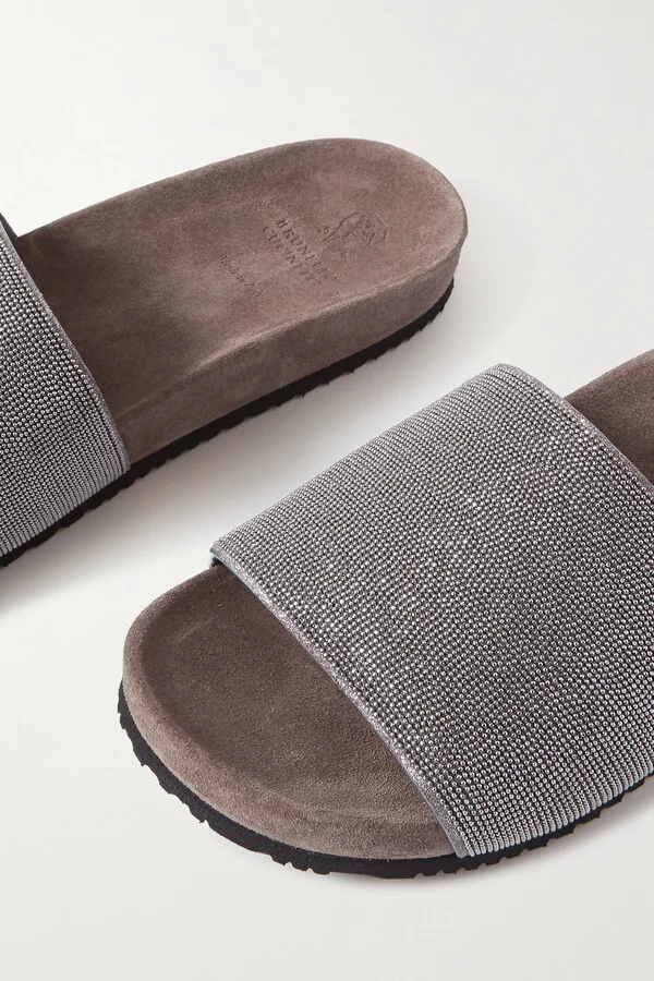 Brunello Cucinelli - Bead-embellished Suede Slides - Gray - Image 4