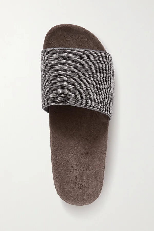 Brunello Cucinelli - Bead-embellished Suede Slides - Gray - Image 5