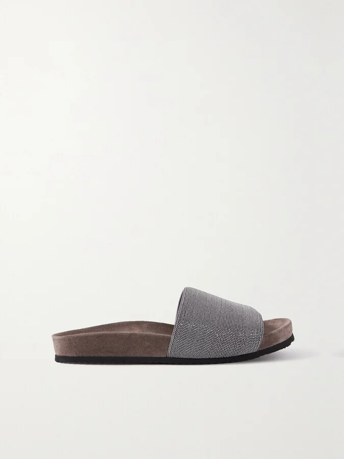 Brunello Cucinelli - Bead-embellished Suede Slides - Gray