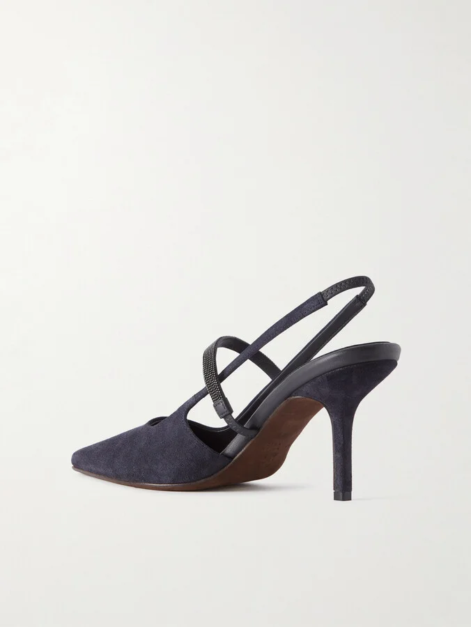 Brunello Cucinelli - Bead-embellished Suede Slingback Pumps - Blue - Image 3