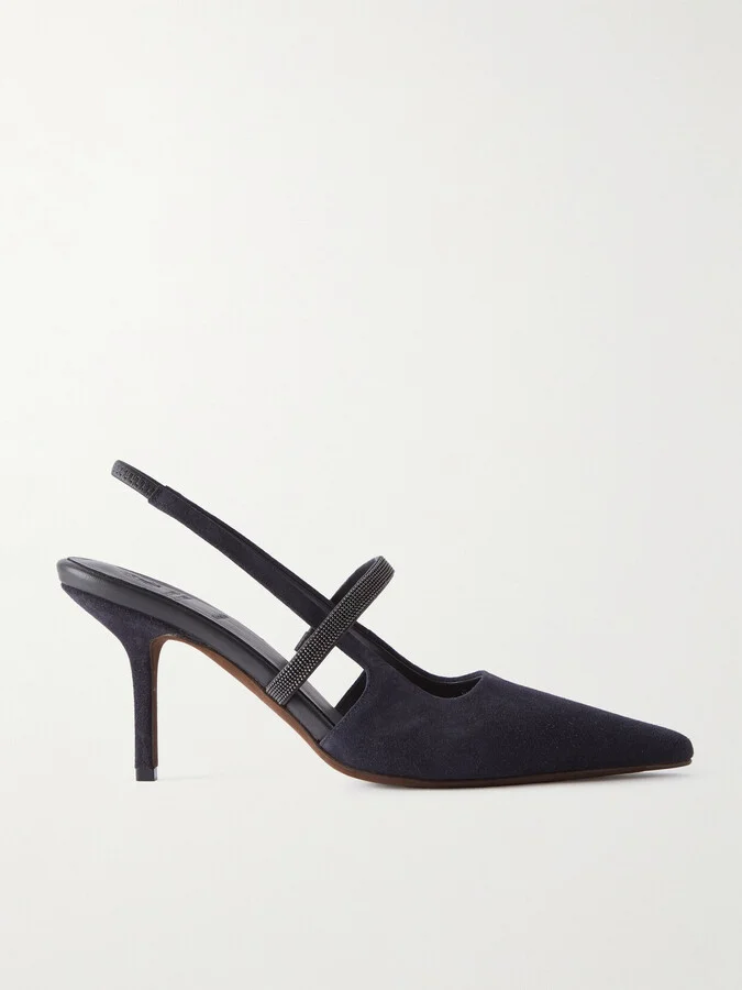 Brunello Cucinelli - Bead-embellished Suede Slingback Pumps - Blue