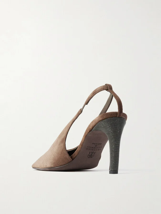 Brunello Cucinelli - Bead-embellished Suede Slingback Pumps - Brown - Image 3