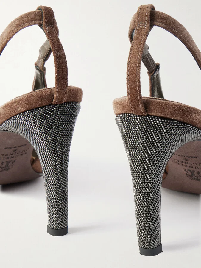 Brunello Cucinelli - Bead-embellished Suede Slingback Pumps - Brown - Image 4