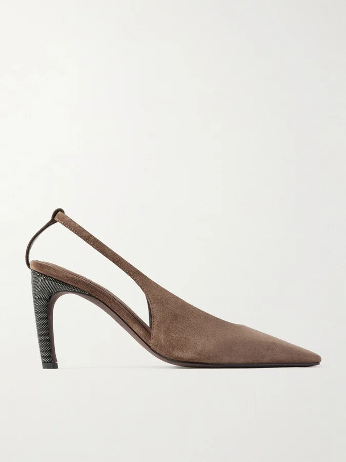 Brunello Cucinelli - Bead-embellished Suede Slingback Pumps - Brown