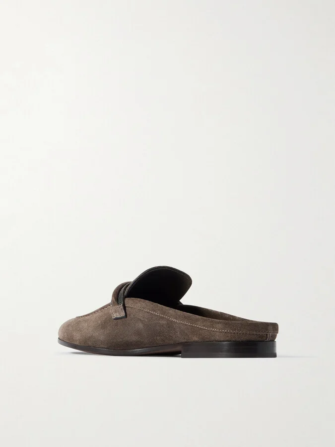 Brunello Cucinelli - Bead-embellished Suede Slippers - Brown - Image 3