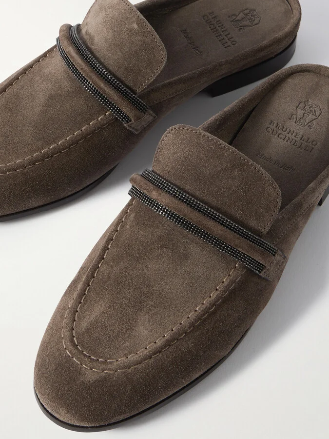 Brunello Cucinelli - Bead-embellished Suede Slippers - Brown - Image 4